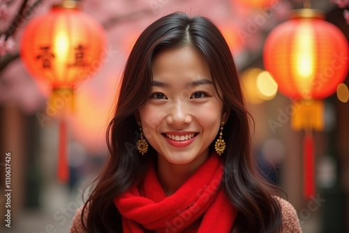 A close-up portrait of a young woman wearing a traditional red Chinese qipao with golden embroidery, her hair styled with elegant hairpins photo