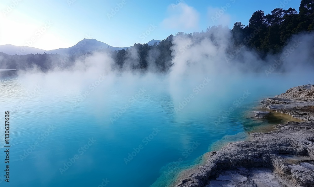 Obraz premium Steaming turquoise water, rocky shore, misty mountains.