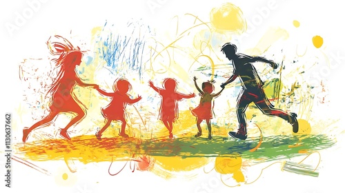 Sketch-style clip art of a family having fun together, highlighted by cheerful colors and lively lines. 