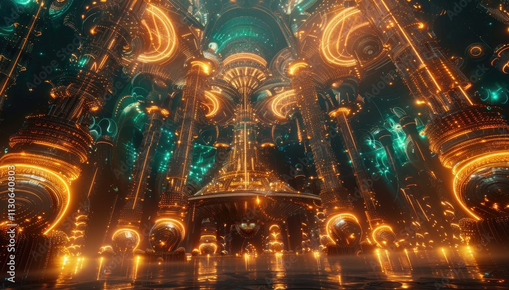 Fototapeta premium Futuristic Golden Cityscape Illuminates A Dark Realm