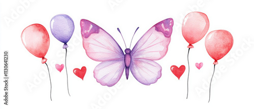 whimsical watercolor illustration of butterfly surrounded by colorful balloons and hearts, evoking joy and celebration