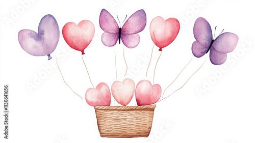 whimsical watercolor illustration featuring hearts and butterflies in basket, evoking joy and celebration