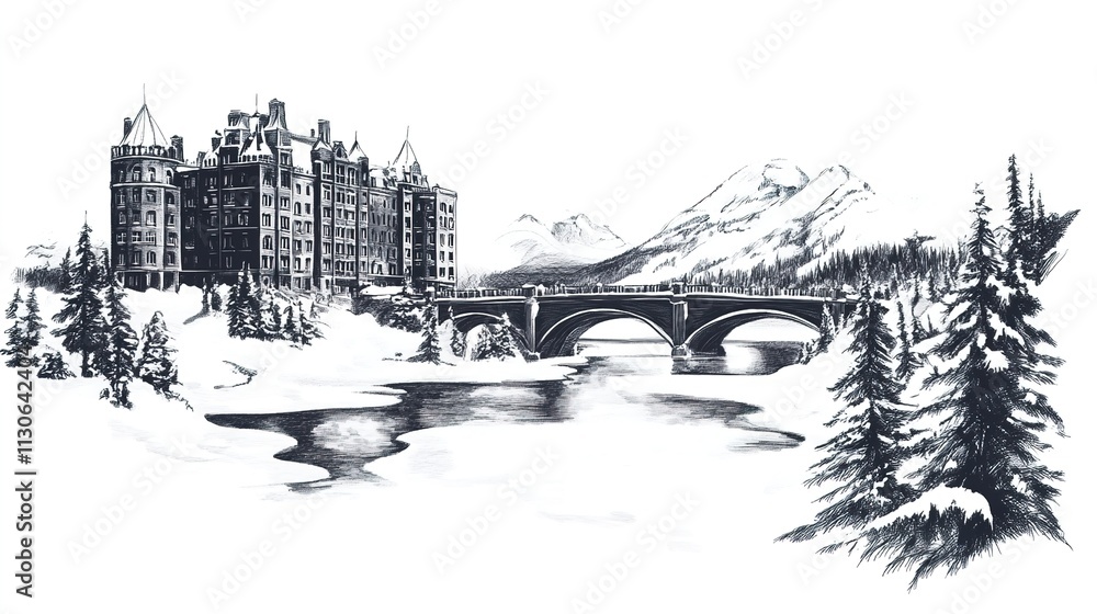 Fototapeta premium Black and white illustration of a snowy mountain resort town