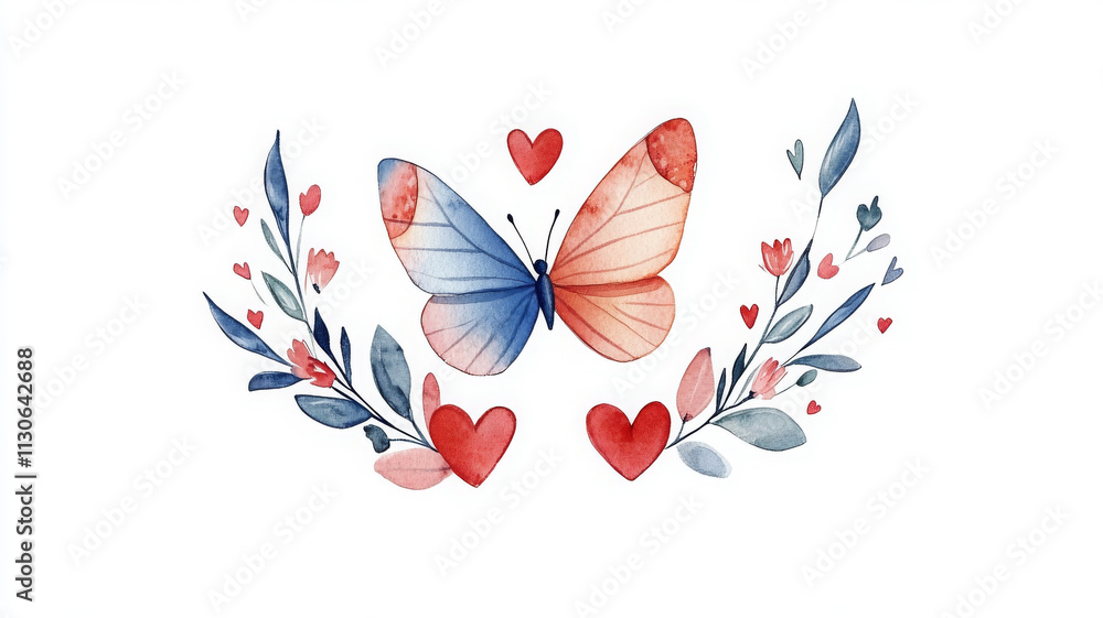Obraz premium Whimsical watercolor illustration of butterfly with hearts and flowers, evoking sense of joy and beauty