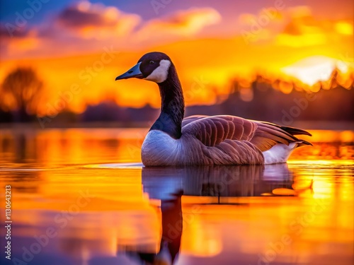 Majestic Canada Goose Silhouette at Rest on Serene Pond - Stunning Wildlife Photography photo