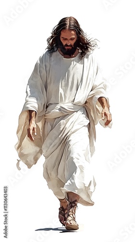 Jesus walking, wearing a white robe, full-body illustration, long hair, on a white background