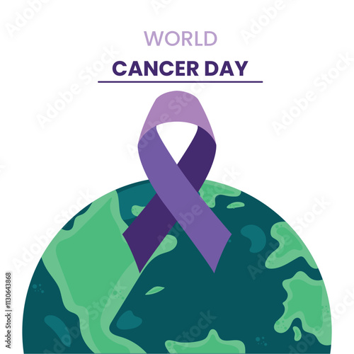 Vector world Cancer Day banner with purple ribbon and globe with the Earth. Cancer Awareness Day is celebrated annually on February 4. Cancer prevention poster