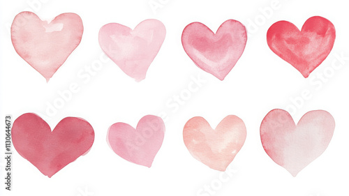 Watercolor hearts in various shades of pink and red, perfect for Valentine Day
