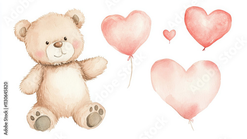 Cute teddy bear with pink heart balloons, perfect for Valentine Day