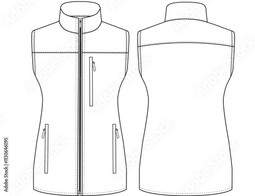 Modern vest  Jacket vector illustration with zipper front and back view