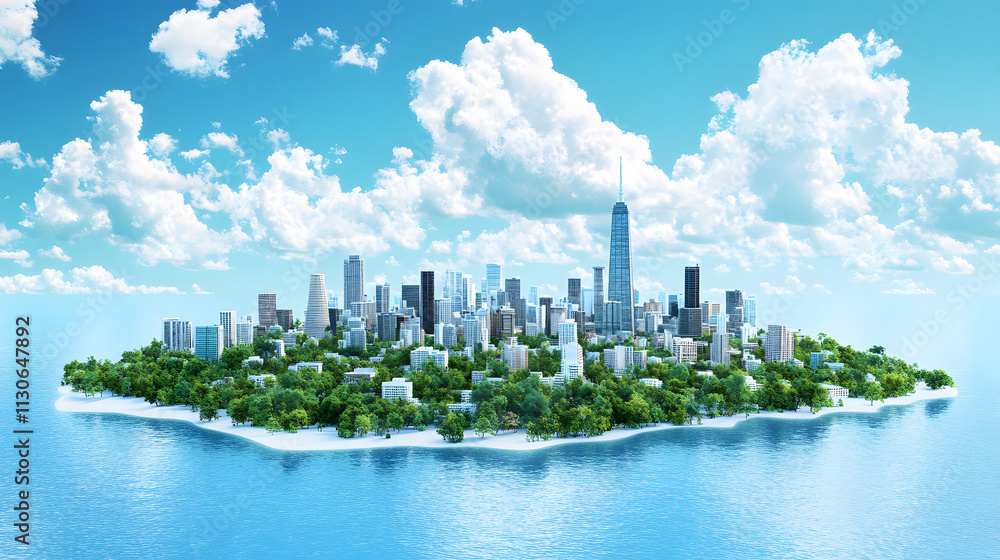 Fototapeta premium A vibrant, futuristic cityscape emerges from lush greenery on an island, surrounded by clear blue waters and a bright sky