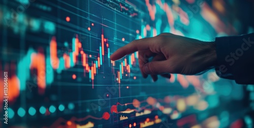 A closeup of a hand pointing at a vibrant stock market chart on a digital screen, highlighting the importance of thorough analysis and datadriven decisions for investment success photo