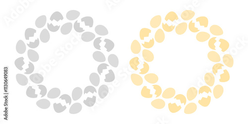 Eggs and cracked eggshell Circle Frames in grayscale and monochrome yellow. Copyspace Template Set 2