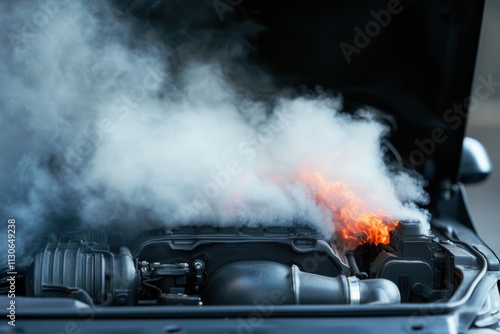 A car engine emits smoke and flames, indicating potential overheating or fire, requiring immediate attention and safety measures. photo