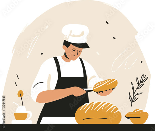 Flat illustration of a man baking bread, minimal and modern artwork