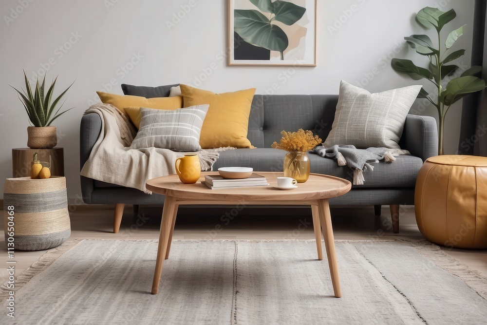 boho compostion at living room interior with design gray sofa, wooden coffee table, commode and elegant personal accessories. Honey yellow pillow and plaid boho compostion at living room interior with design gray sofa, wooden coffee table, commode and elegant personal accessories. Honey yellow pillow and plaid