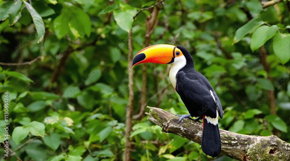 Fototapeta premium Brightly colored toucan perched on a branch in a tropical forest during daytime