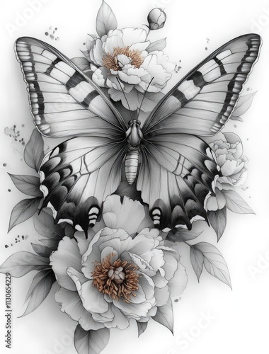 Monochrome butterfly amidst delicate peonies.
