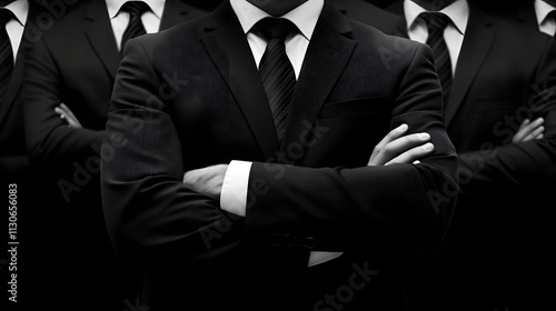 A group of men in black suits stand with arms crossed, projecting power and unity.  The monochrome image emphasizes a sense of seriousness and professionalism. photo