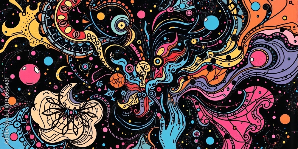 Naklejka premium Journey through an Enchanted Space: A Vibrant Exploration of Psychedelic Patterns