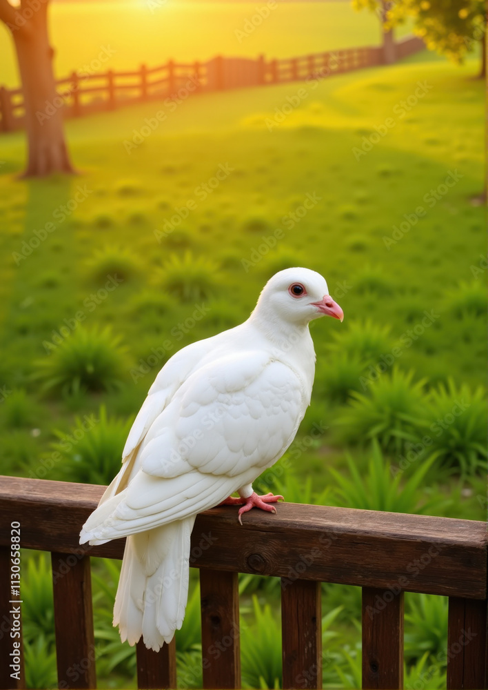 Obraz premium White dove perched on wooden fence in serene sunset meadow