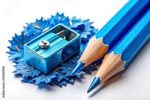 Minimalist Blue Pencil Still Life: Sharpened Pencils, Shavings, White Background
