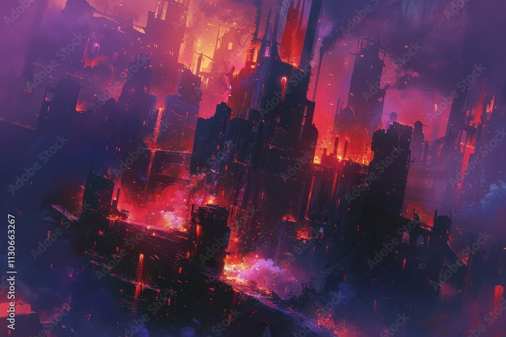 Fototapeta premium Burning Cityscape in a Crimson Inferno