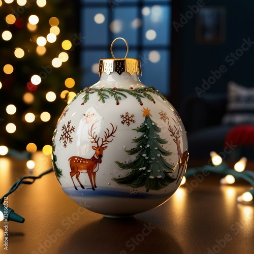 A handcrafted Christmas ornament, made from delicate ceramic with intricate hand-painted details of snowflakes, reindeer, and Christmas trees