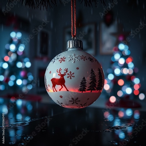 A handcrafted Christmas ornament, made from delicate ceramic with intricate hand-painted details of snowflakes, reindeer, and Christmas trees