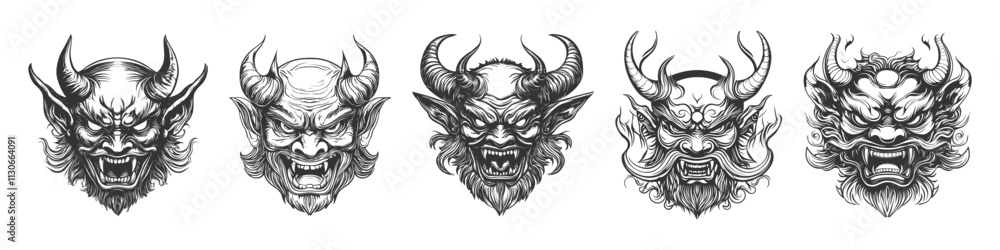 Naklejka premium Set of Black japanese demon Oni head vector illustration devil tattoo evil mask Vintage retro engraving woodcut style sketch draw paint isolated on white