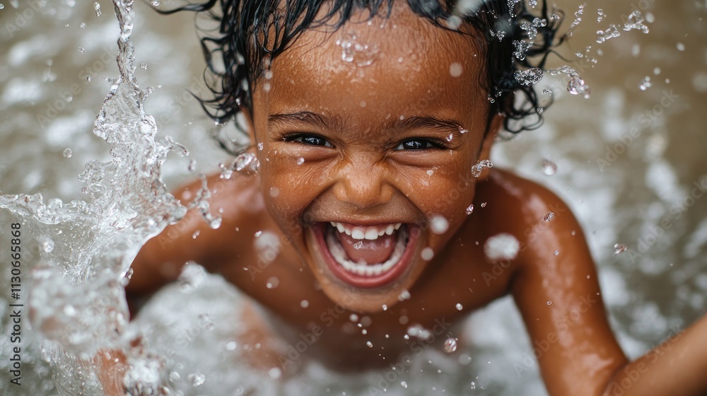 A joyful child splashes in water, expressing pure happiness and playfulness. A joyful child splashes in water, expressing pure happiness and playfulness.