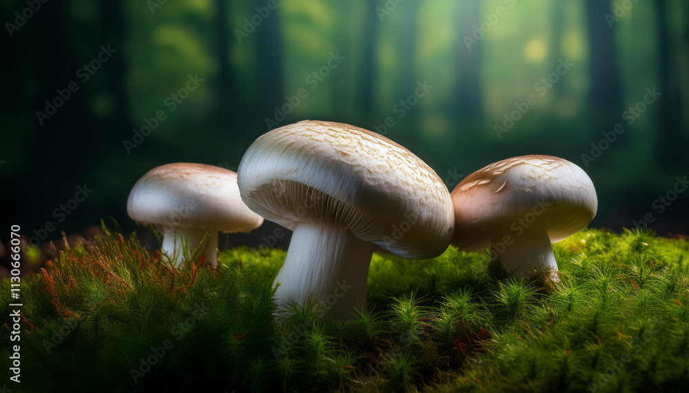 Fototapeta premium A group of three white mushrooms growing in a patch of moss on the forest floor.