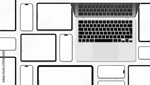 Top View Mockup of Smartphone, Laptop, and Tablet: Modern Communication Devices on White Background for Infographics and Presentations. Vector.
