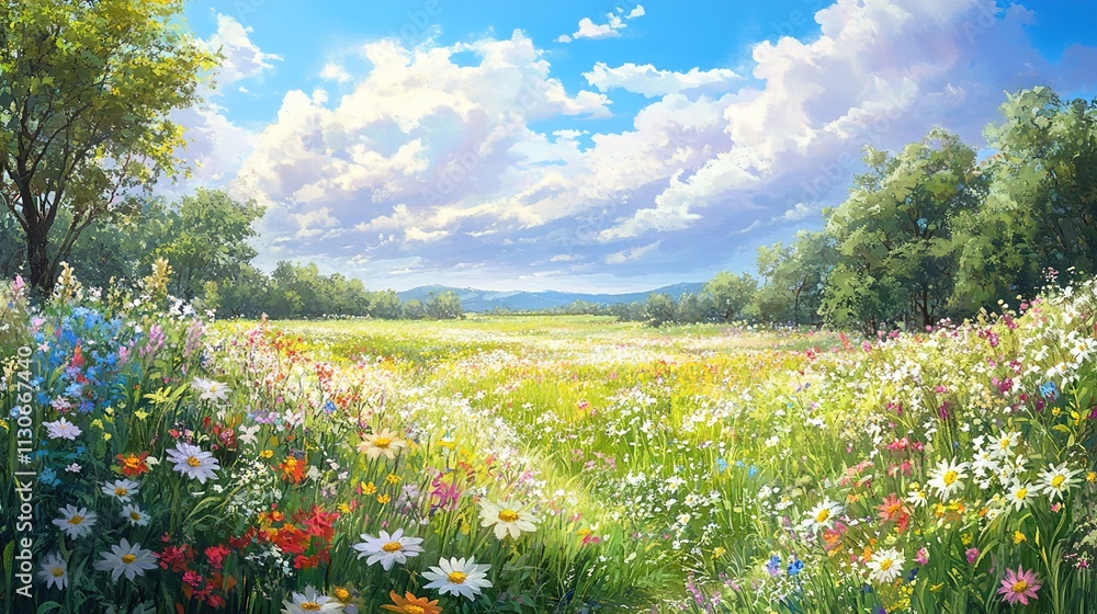 Obraz premium Vibrant colorful flower field landscape with trees and blue sky