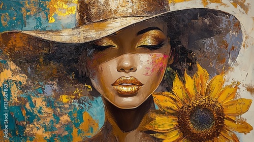 Panel kuchenny z motywem Stunning canvas art masterpiece showcasing a captivating golden-lipped woman adorned with an elegant hat and vibrant sunflower. The abstract interior and intricate details create a captivating scene