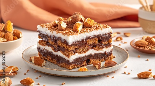 Wallpaper Mural Delicious Layered Chocolate Dessert with Cream and Nuts on a Stylish Plate Arabic Sweets and Desserts Torontodigital.ca