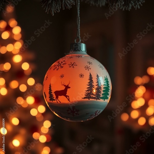 A handcrafted Christmas ornament, made from delicate ceramic with intricate hand-painted details of snowflakes, reindeer, and Christmas trees