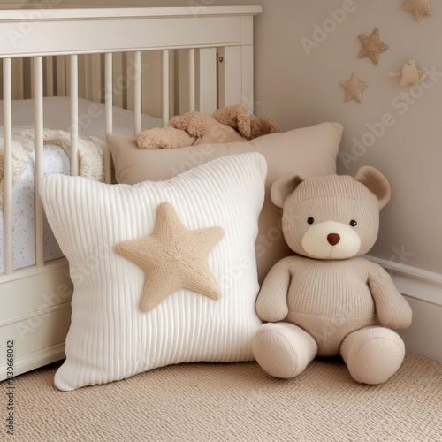 Gentle starpatterned cushions and soft toys scattered across a cozy nursery Christmas corner photo