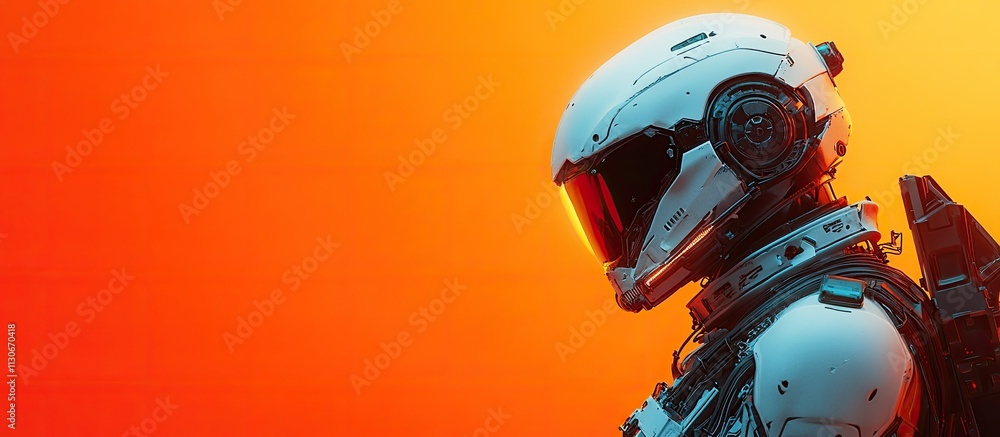Fototapeta premium Futuristic astronaut in profile against an orange backdrop.
