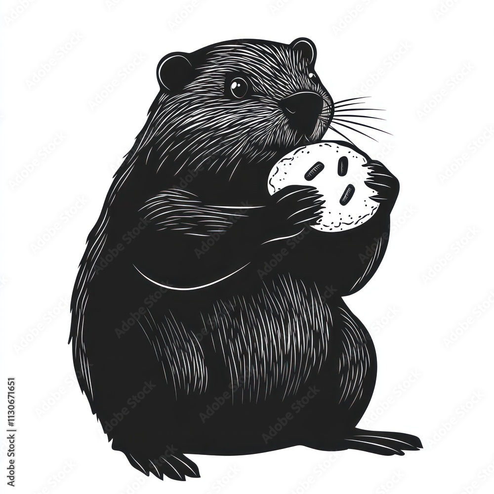 Fototapeta premium A woodchuck sitting and eating a round cookie.