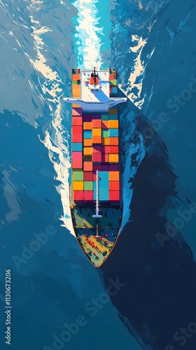 A cargo ship full of colorful containers sailing on the sea, seen from above, in the style of clip art style