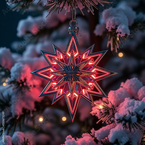 A futuristic  Christmas ornament, combining metal and glass materials with neon LED lighting integrated into the design