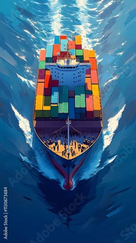 A cargo ship full of colorful containers sailing on the sea, seen from above, in the style of clip art style