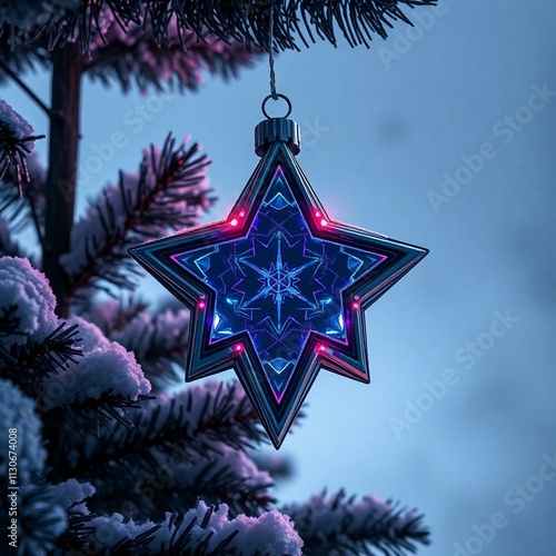 A futuristic  Christmas ornament, combining metal and glass materials with neon LED lighting integrated into the design