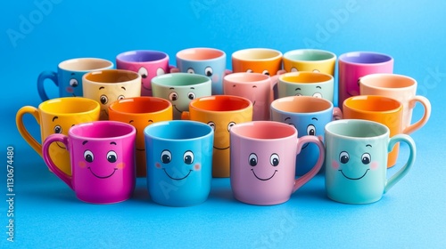 A lot of multi-colored cups with funny faces on a blue background The concept of a friendly company a big family meeting friends for a cup of tea or coffee fathers day office boss day photo