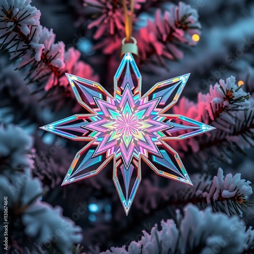 A futuristic  Christmas ornament, combining metal and glass materials with neon LED lighting integrated into the design