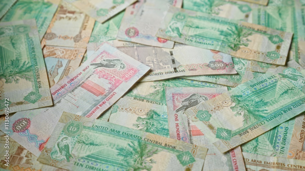 Naklejka premium Scattered uae dirhams banknotes showcasing various denominations and intricate designs from the united arab emirates central bank