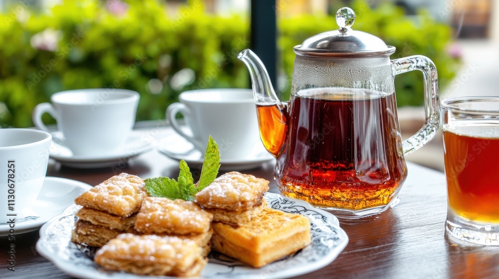 Fototapeta premium Refreshing Afternoon Tea with Delicious Pastries and Herbal Infusion in Outdoor Setting