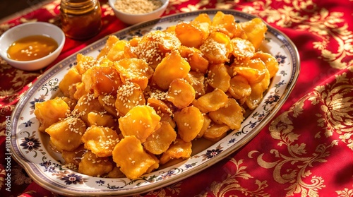 Boorsok Bal Crispy Fried Dough with Honey Drizzle and Sesame Seeds (Tajikistan Cuisine) photo