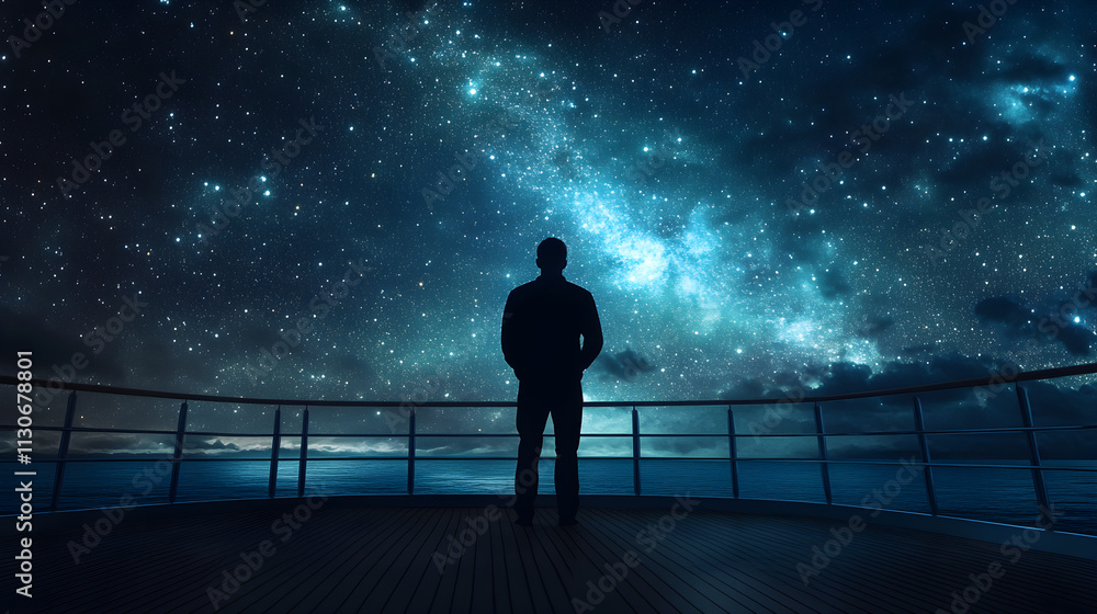Fototapeta premium Solitude and Wonder: A Man's Nighttime Contemplation on a Cruise Ship Deck